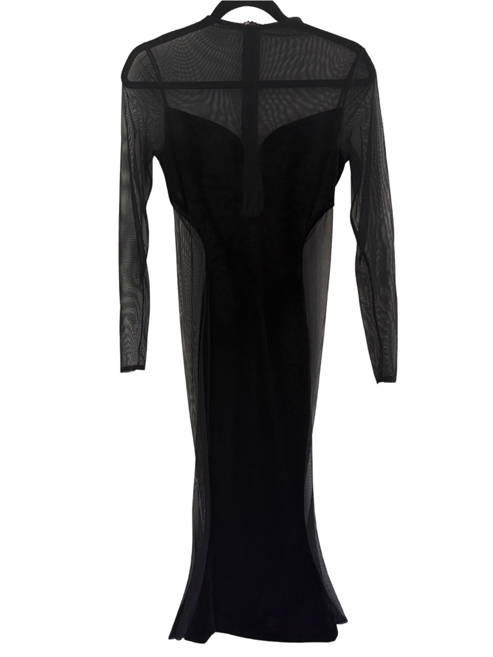 Black Mesh Long-Sleeve Midi Dress with Sheer Back